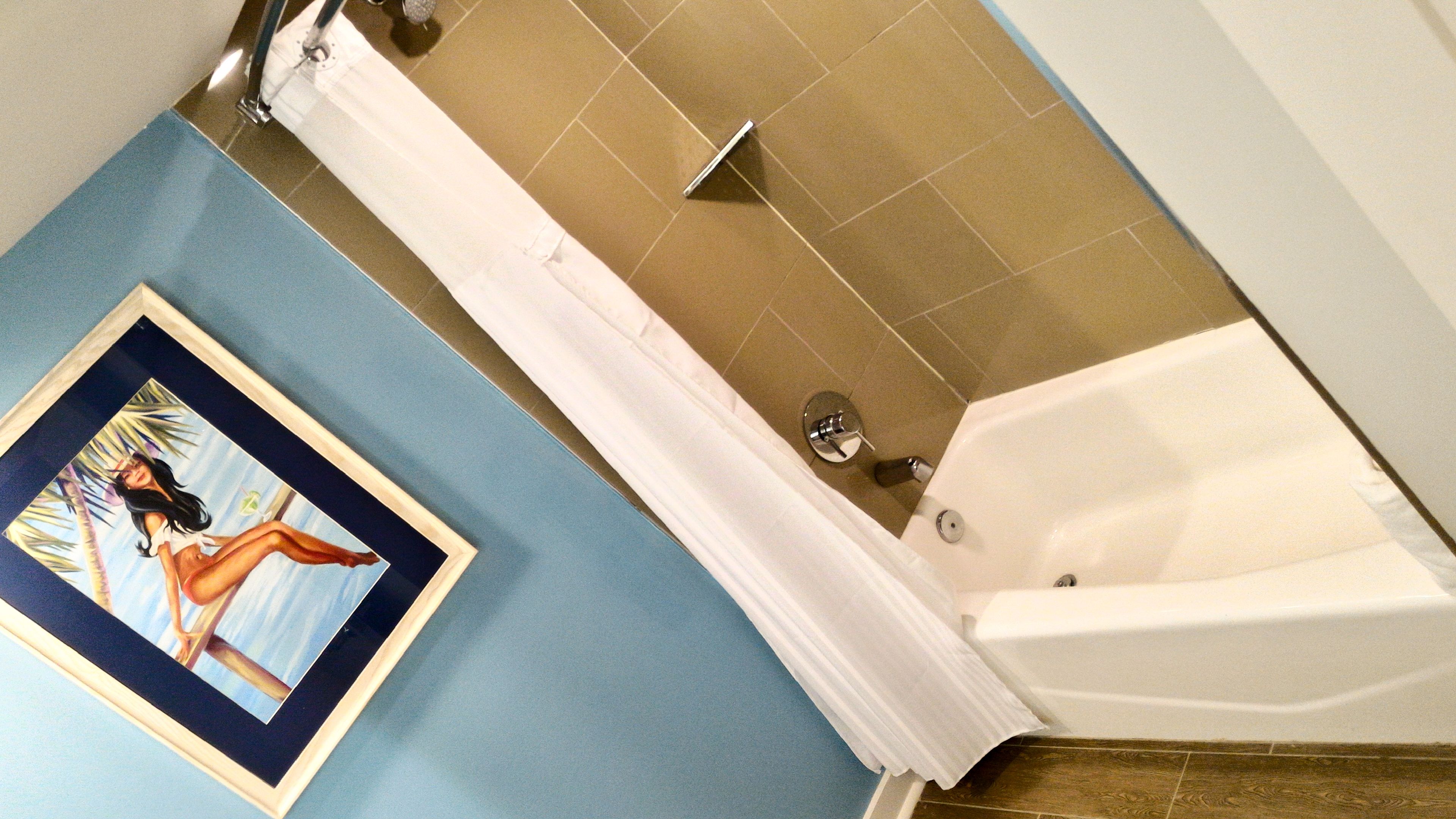A bathroom with a bathtub, shower, and a framed picture on the wall.