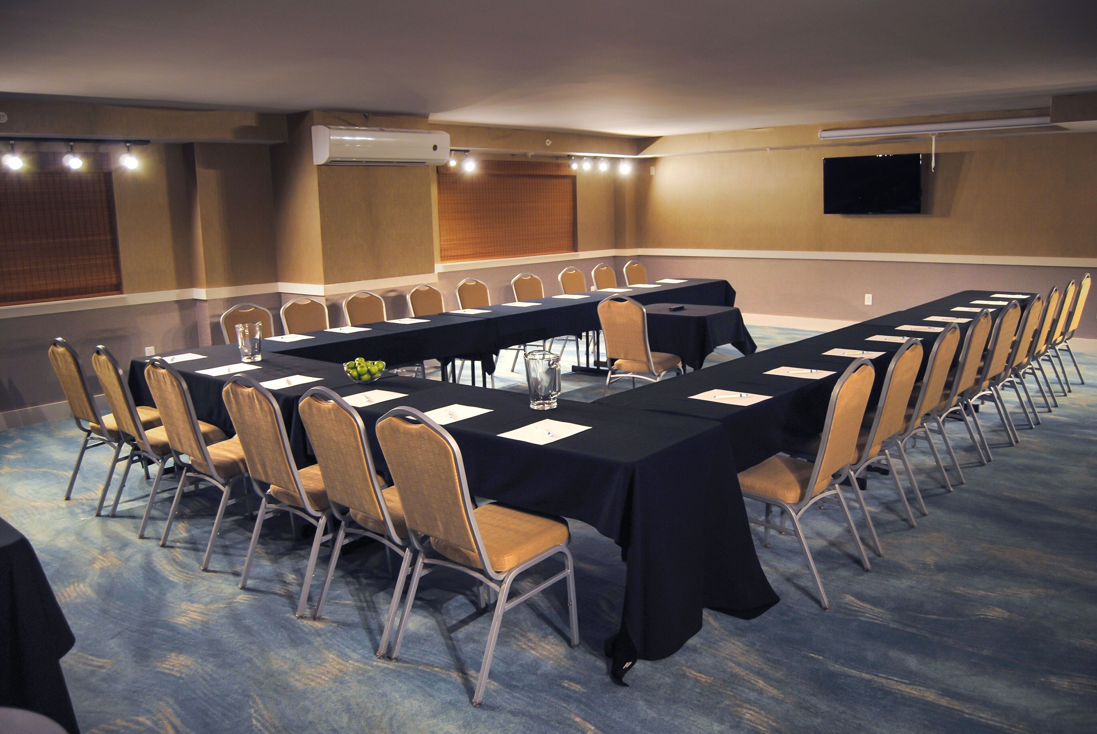 A conference room with a long table, multiple chairs, and a flat-screen TV on the wall.