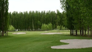 Ein Golfplatz mit Sandbunkern und Bäumen.