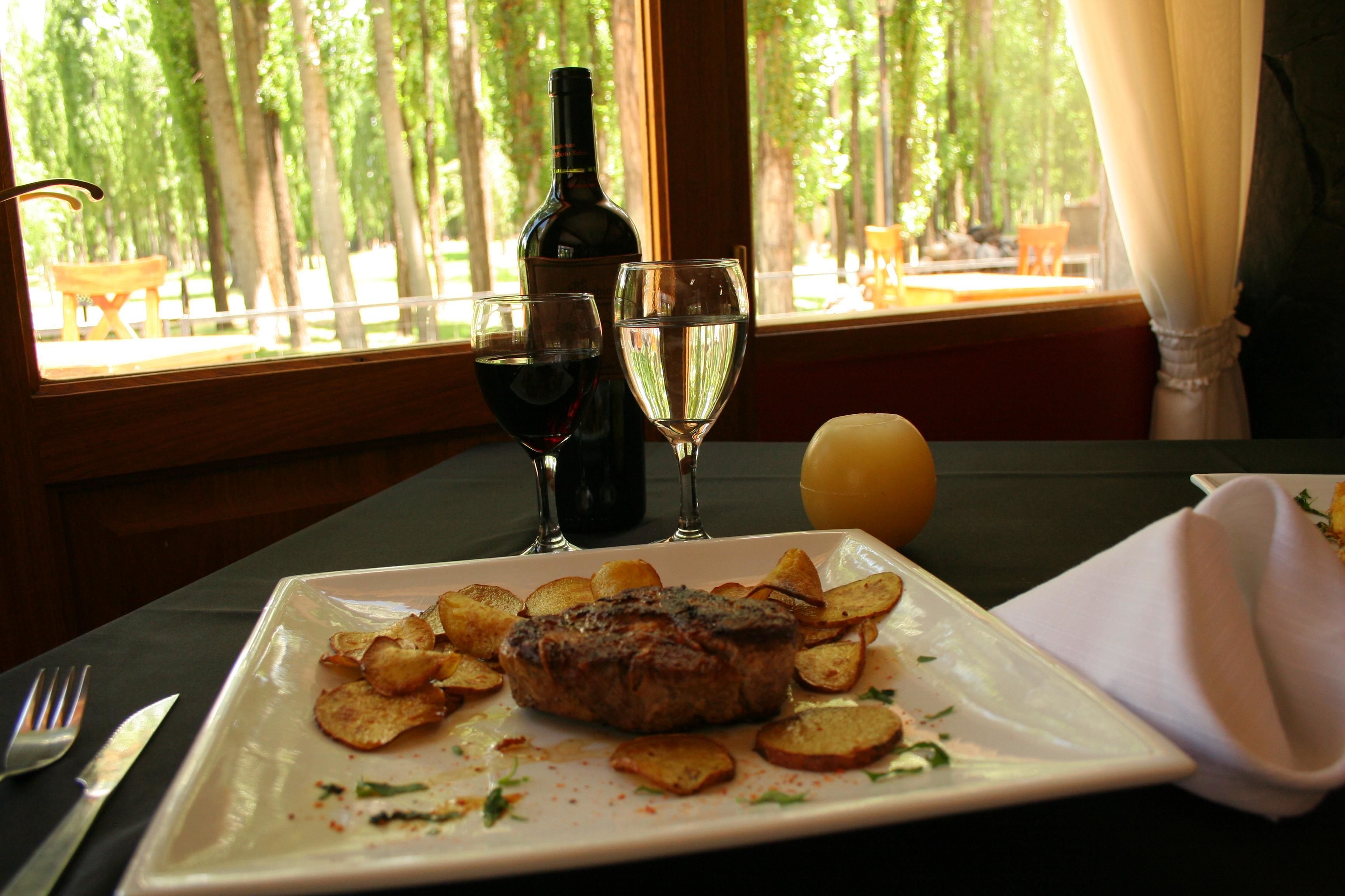 A plate with steak and potato chips, two wine glasses, and a bottle of wine on a table by a window with a view of trees.