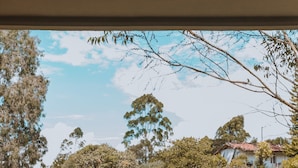 A wooden table with a chair and a vase of flowers by a window overlooking a grassy area with trees and a house in the distance. - Travelers Rio Verde Living Suites (Rionegro)