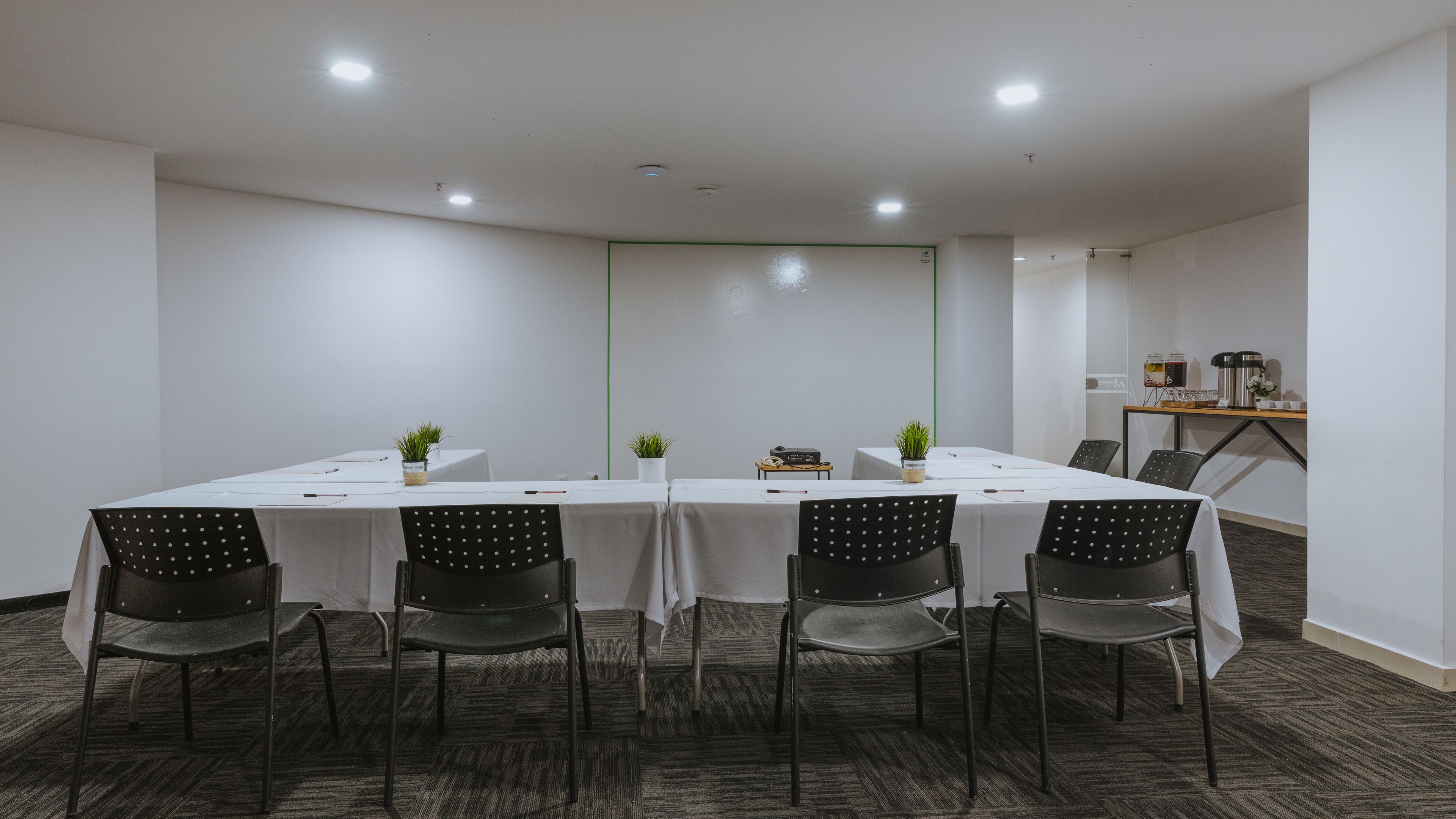 A conference room with a long table, six chairs, and potted plants.