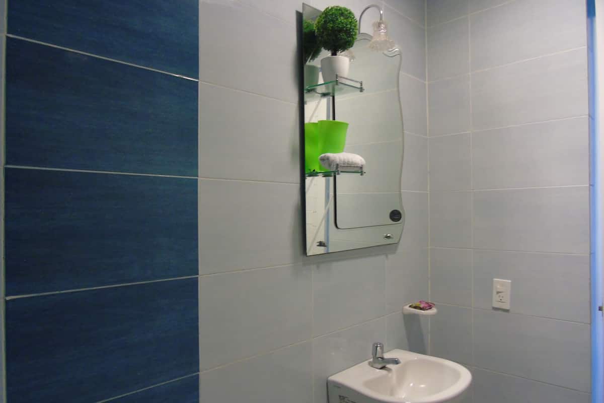 A bathroom with a white sink, a mirror, and a green towel holder.