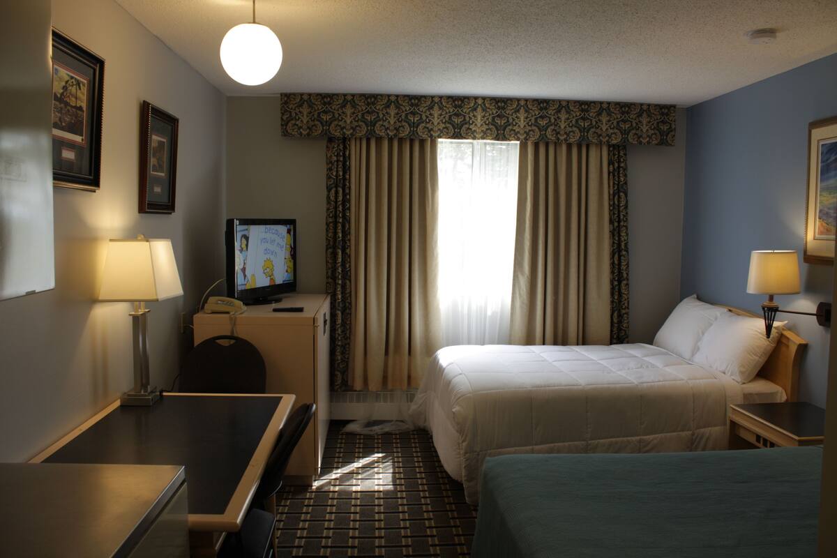 A hotel room with a bed, a desk, a chair, a television, and a window with curtains.
