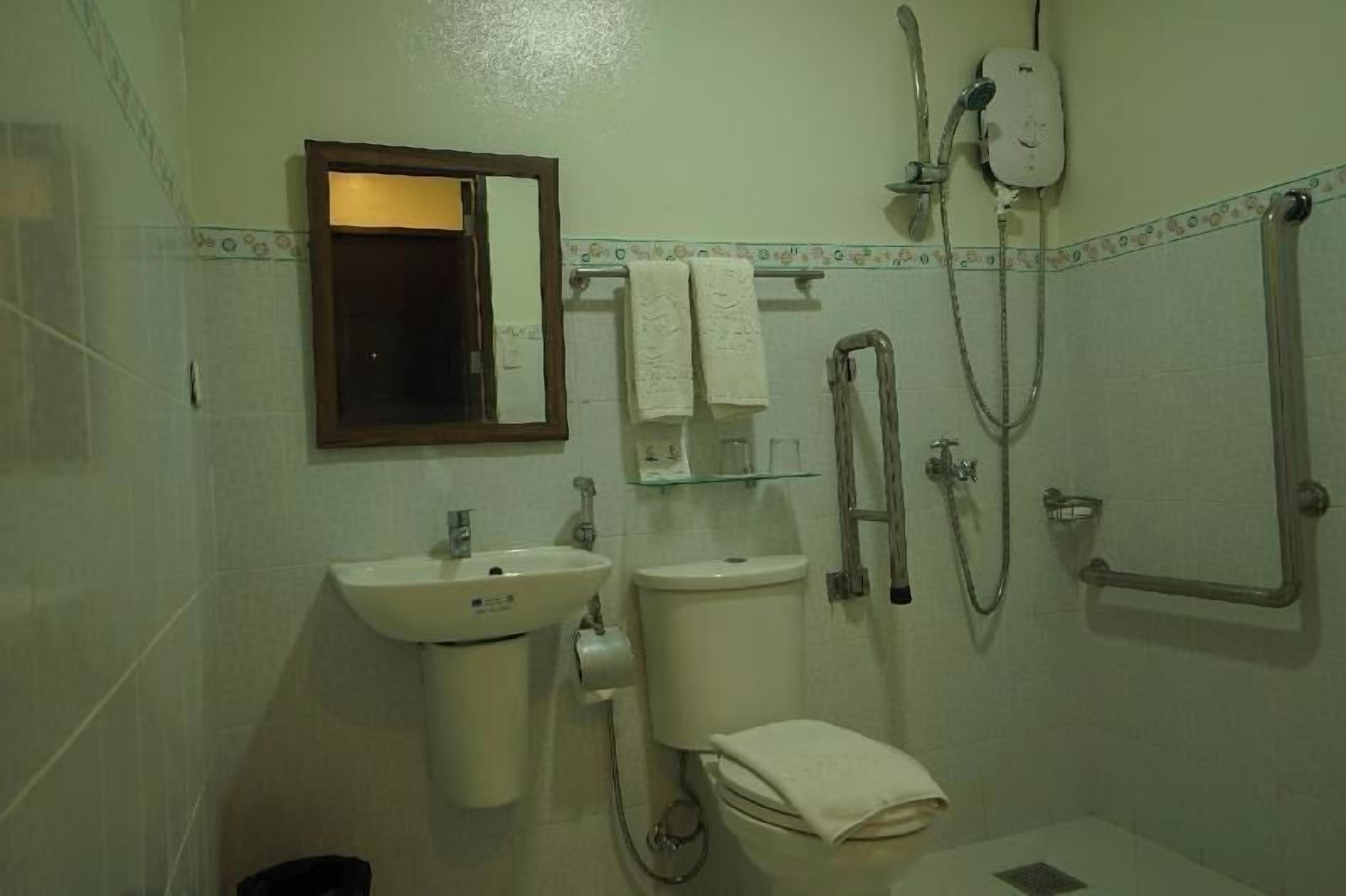 A bathroom with a sink, toilet, shower, and a mirror.