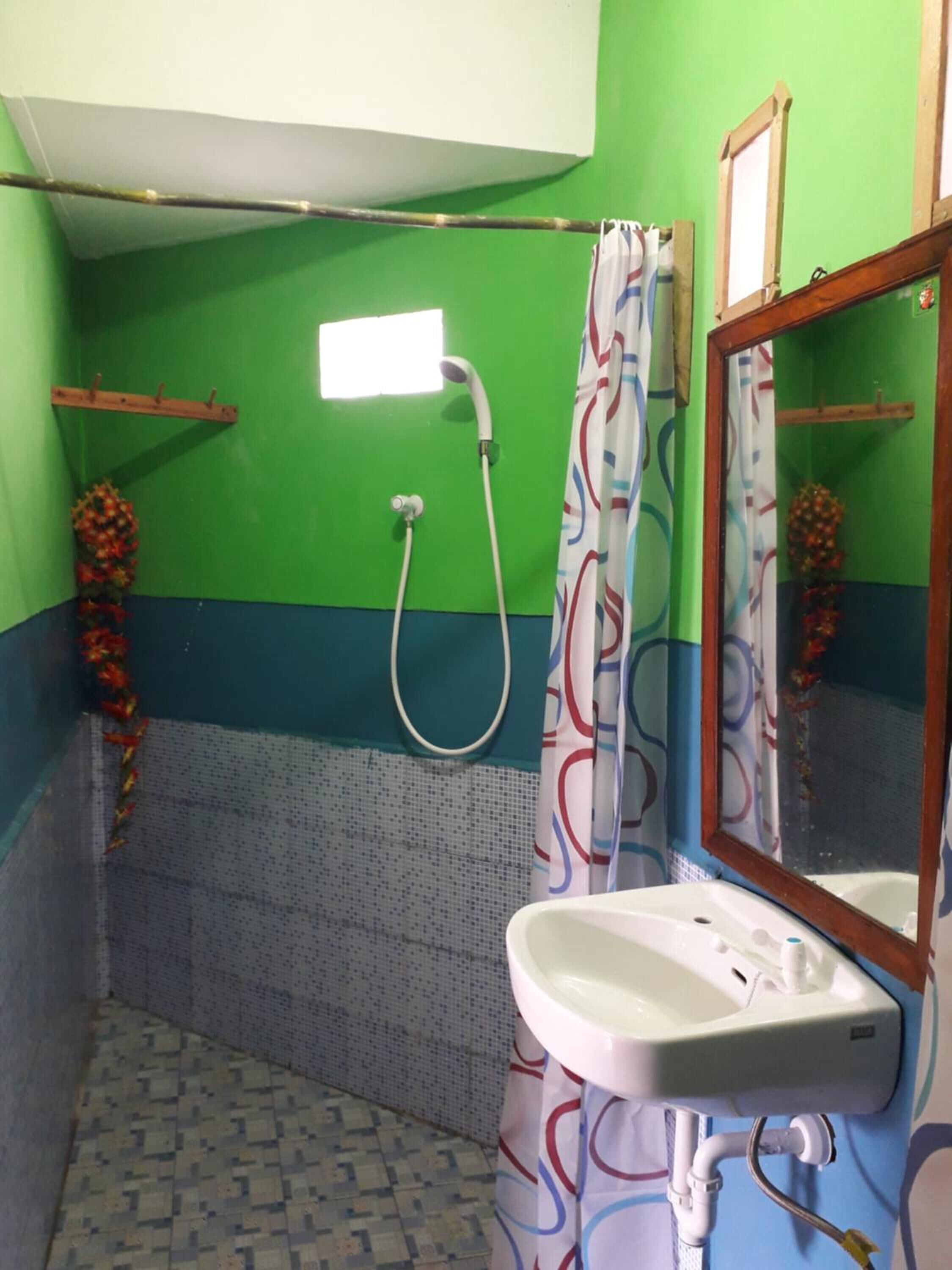 Une salle de bain avec une douche, un lavabo et un miroir.