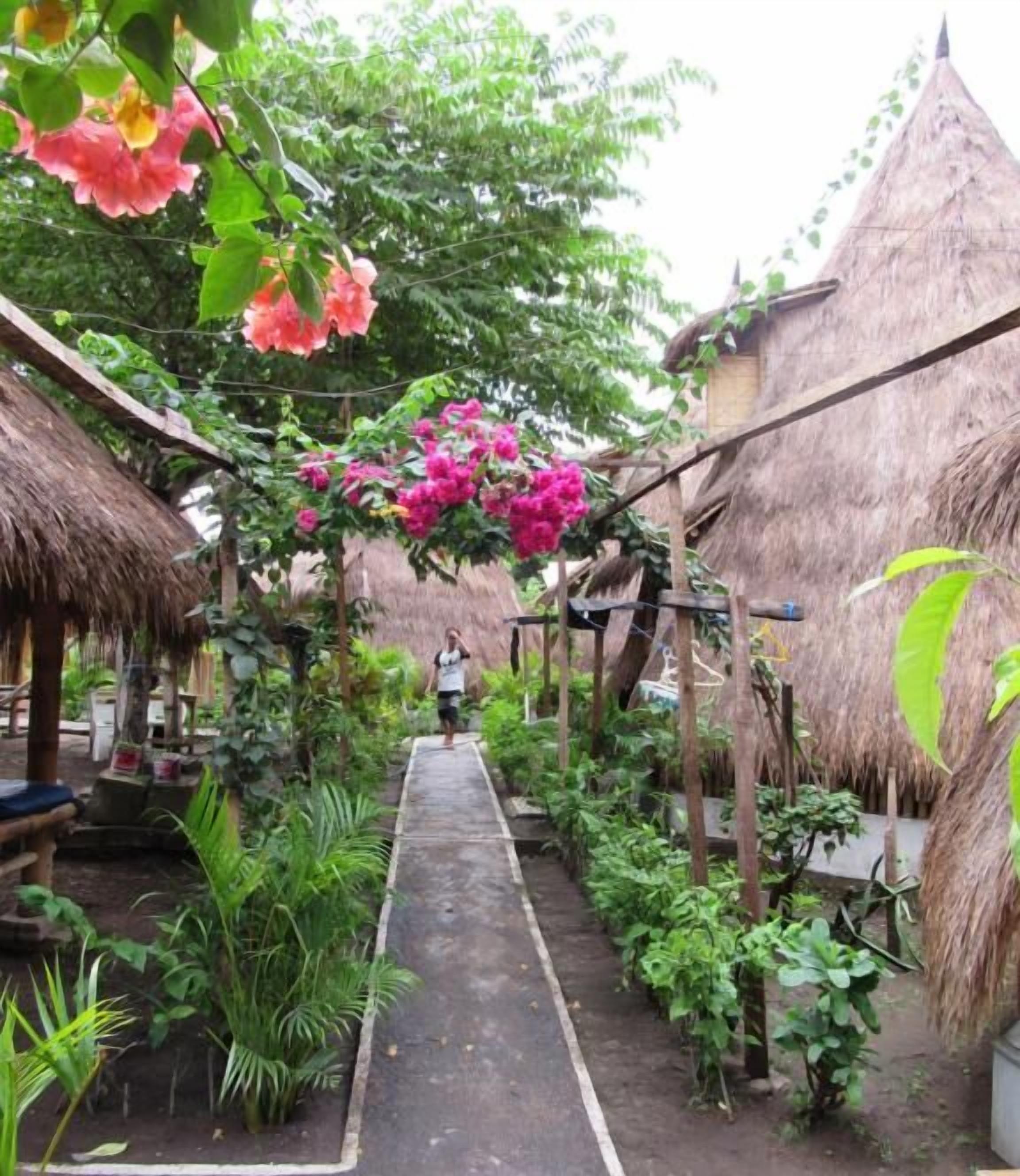 A narrow pathway flanked by thatched-roof structures and lush greenery, leading to a person walking away.