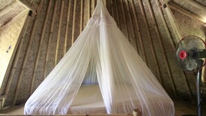 Quarto com cama sob um dossel branco, paredes de bambu e um ventilador.