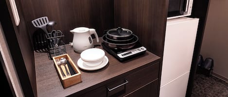 Fridge, microwave, electric kettle