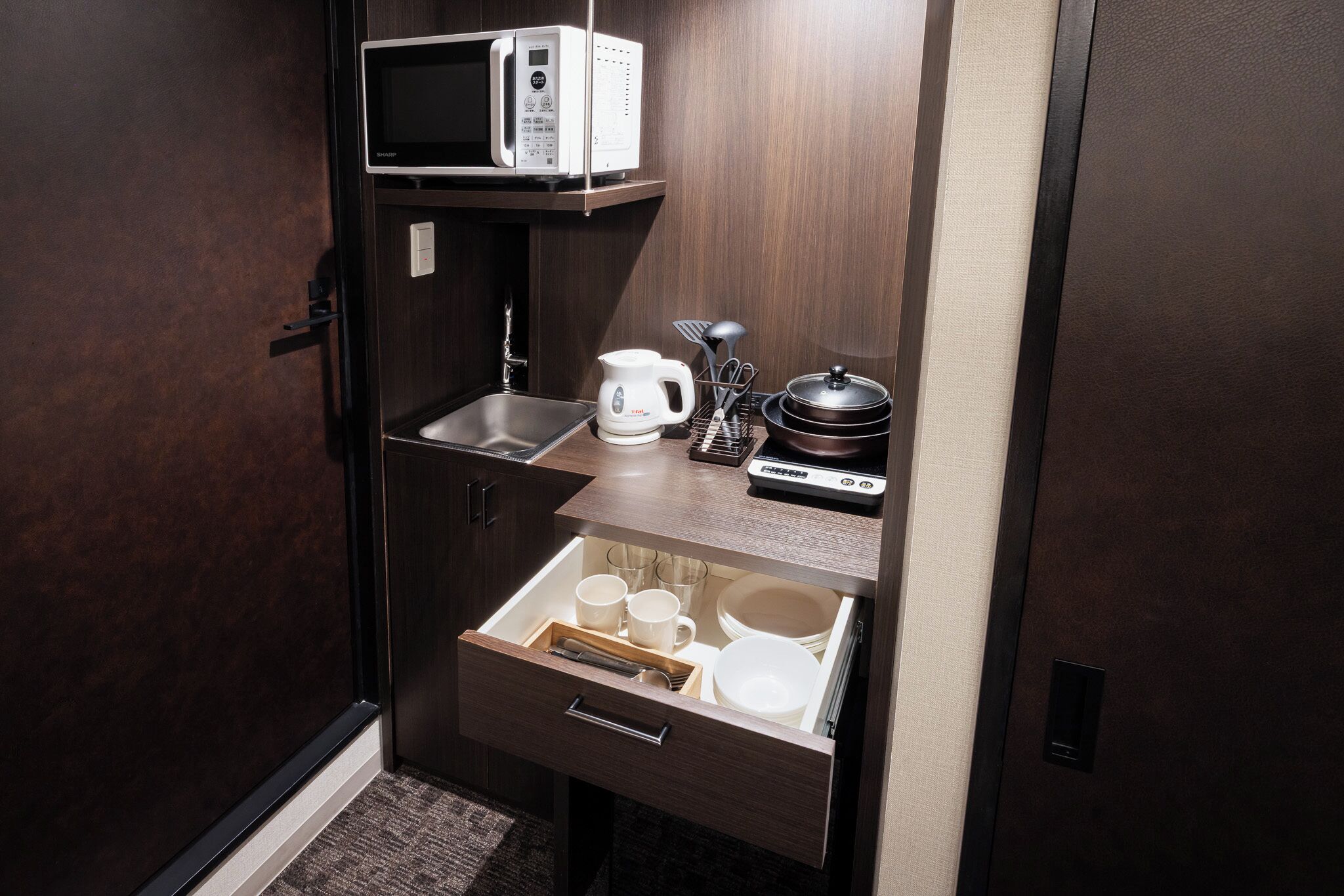 Fridge, microwave, electric kettle