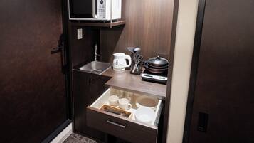 Fridge, microwave, electric kettle