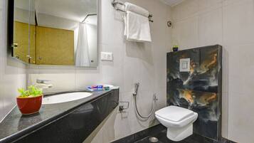 Shower, rainfall showerhead, eco-friendly toiletries, slippers