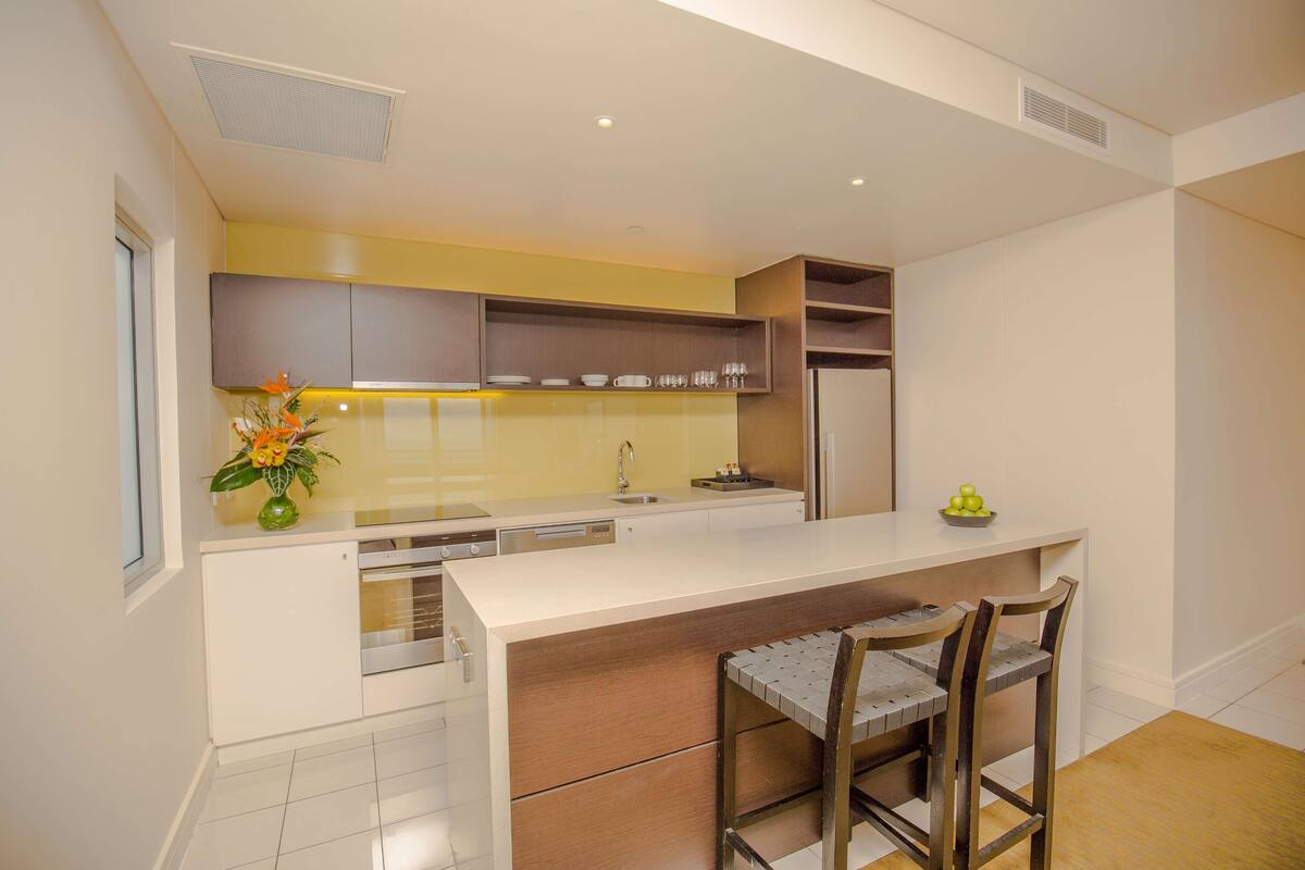 fridge, coffee/tea maker, dining tables