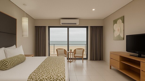 Habitación de hotel con cama, televisor, balcón con vista al mar y zona de comedor.