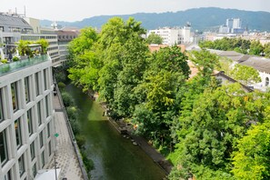 Une vue sur la rivière, avec un bâtiment moderne, un pont et une végétation luxuriante.