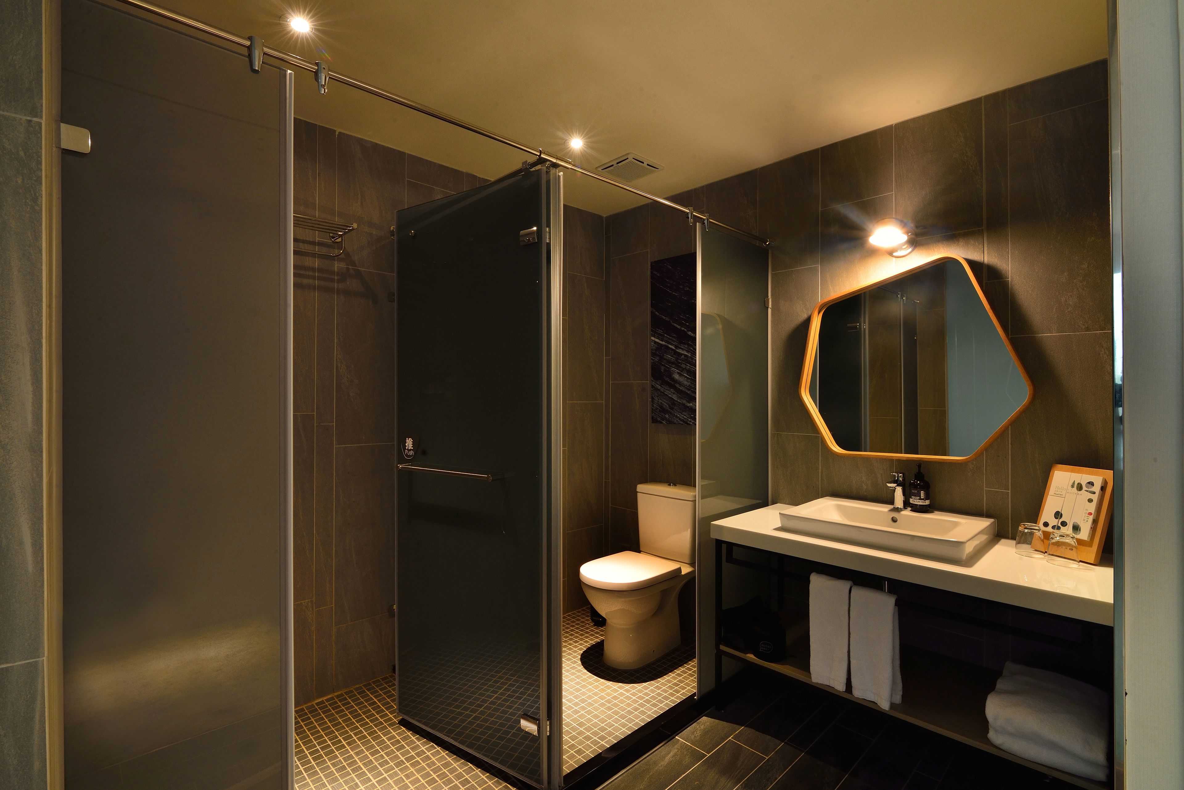 hair dryer, slippers, towels, shampoo