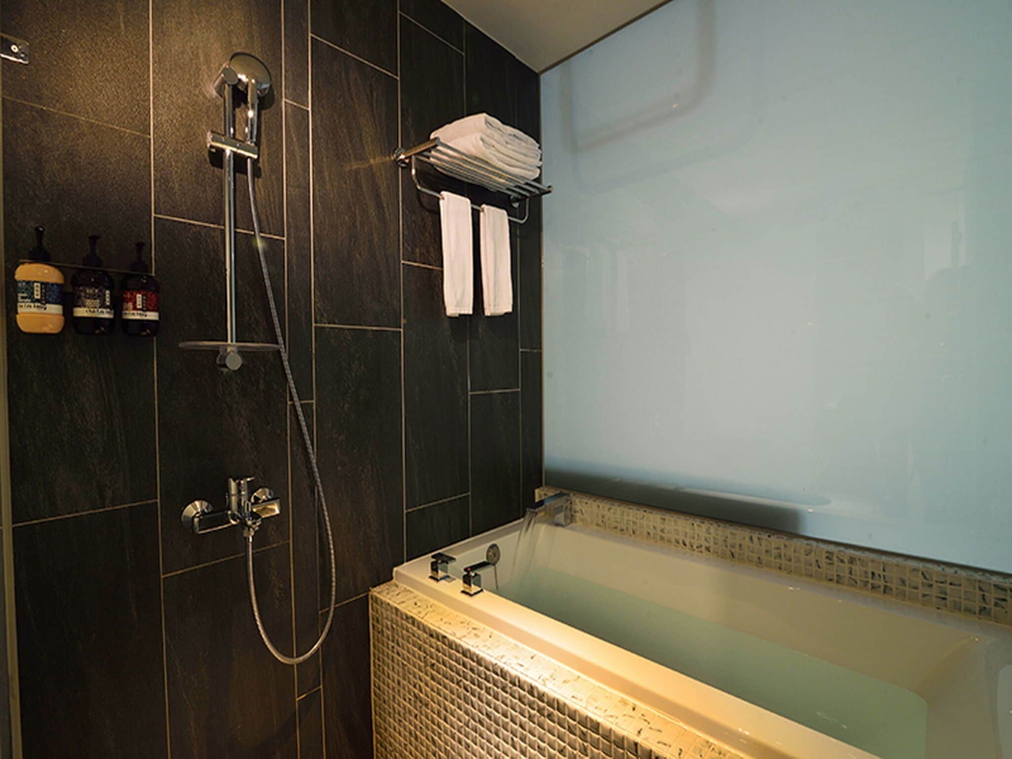 hair dryer, slippers, towels, shampoo