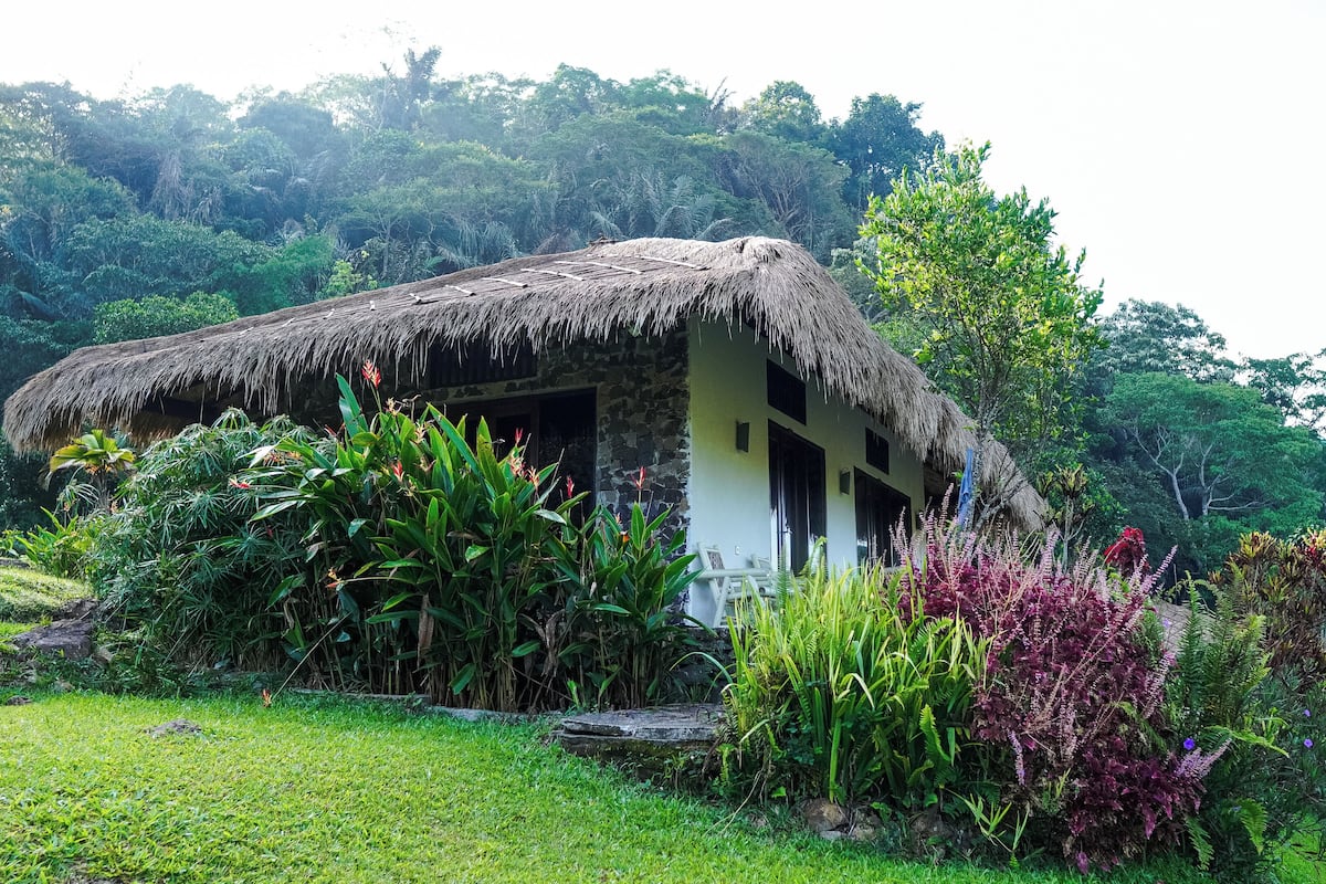 Bungalow – deluxe, hageutsikt | Skrivebord og sengetøy