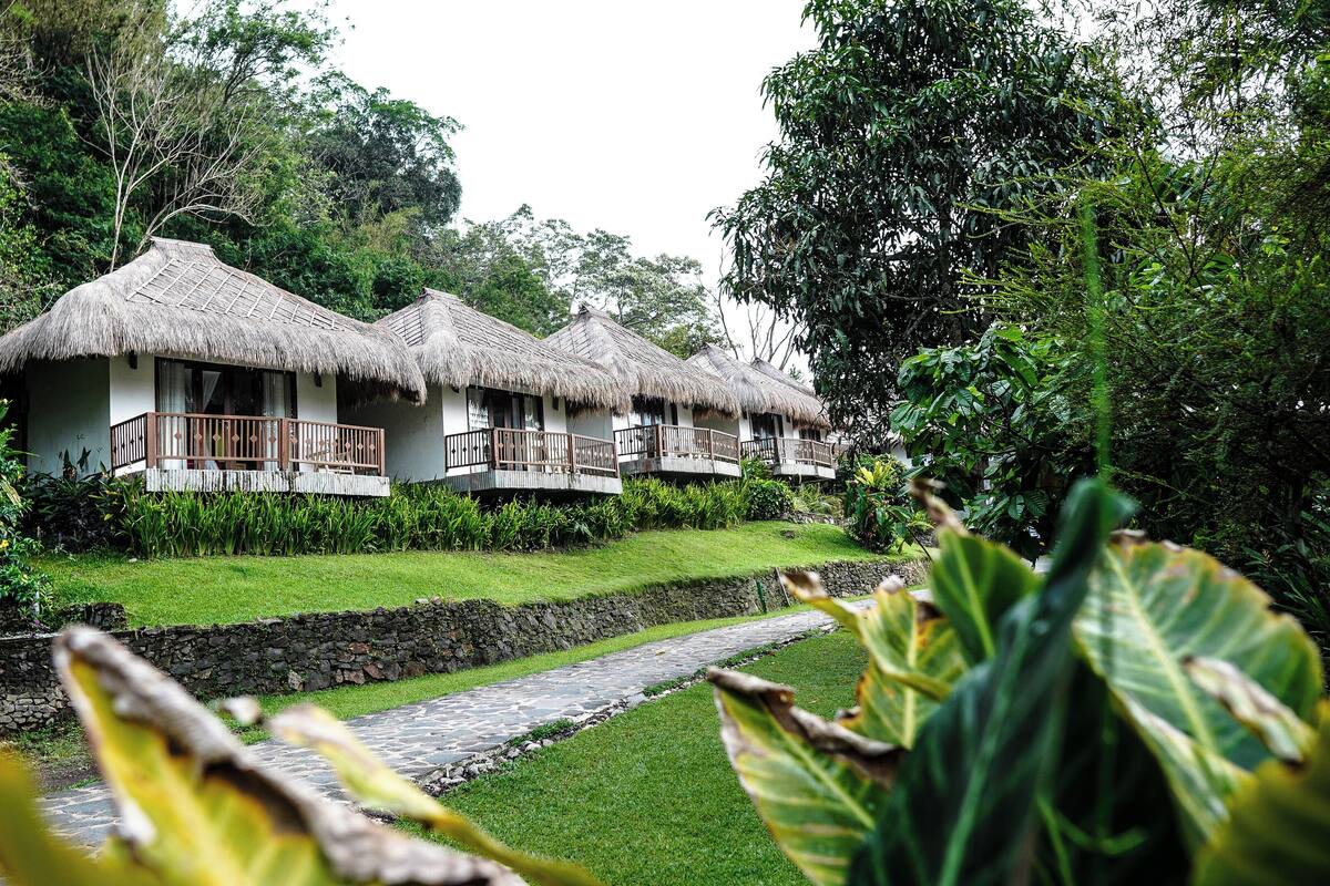 Un resort con bungalows de techo de paja, un sendero de piedra y abundante vegetación.