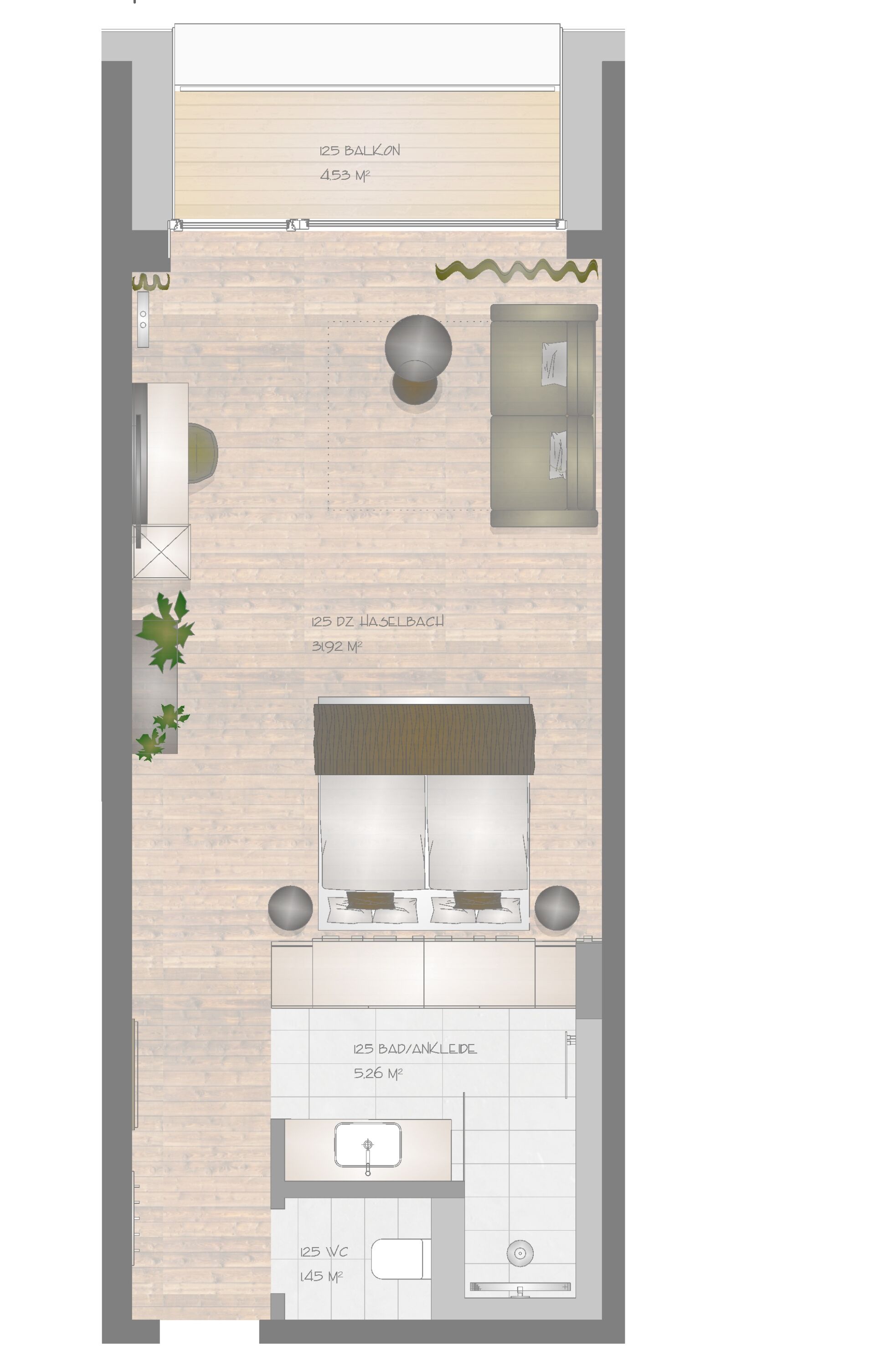 A 2BHK apartment layout with a balcony, a kitchen, a living area, and a bathroom.