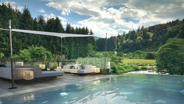 Un área de piscina moderna al aire libre con un sofá integrado y una pérgola que ofrece sombra.