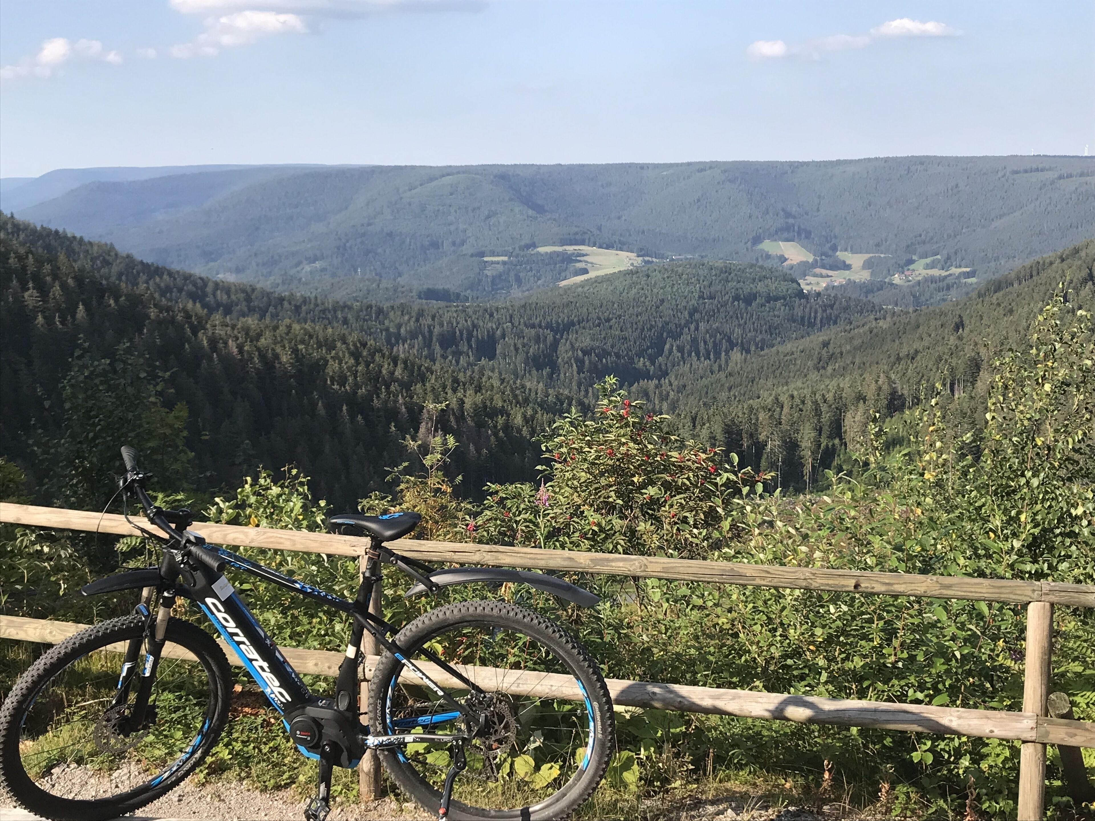Un vélo tout-terrain est garé sur une clôture en bois, d’où l’on a une vue sur une vallée boisée.