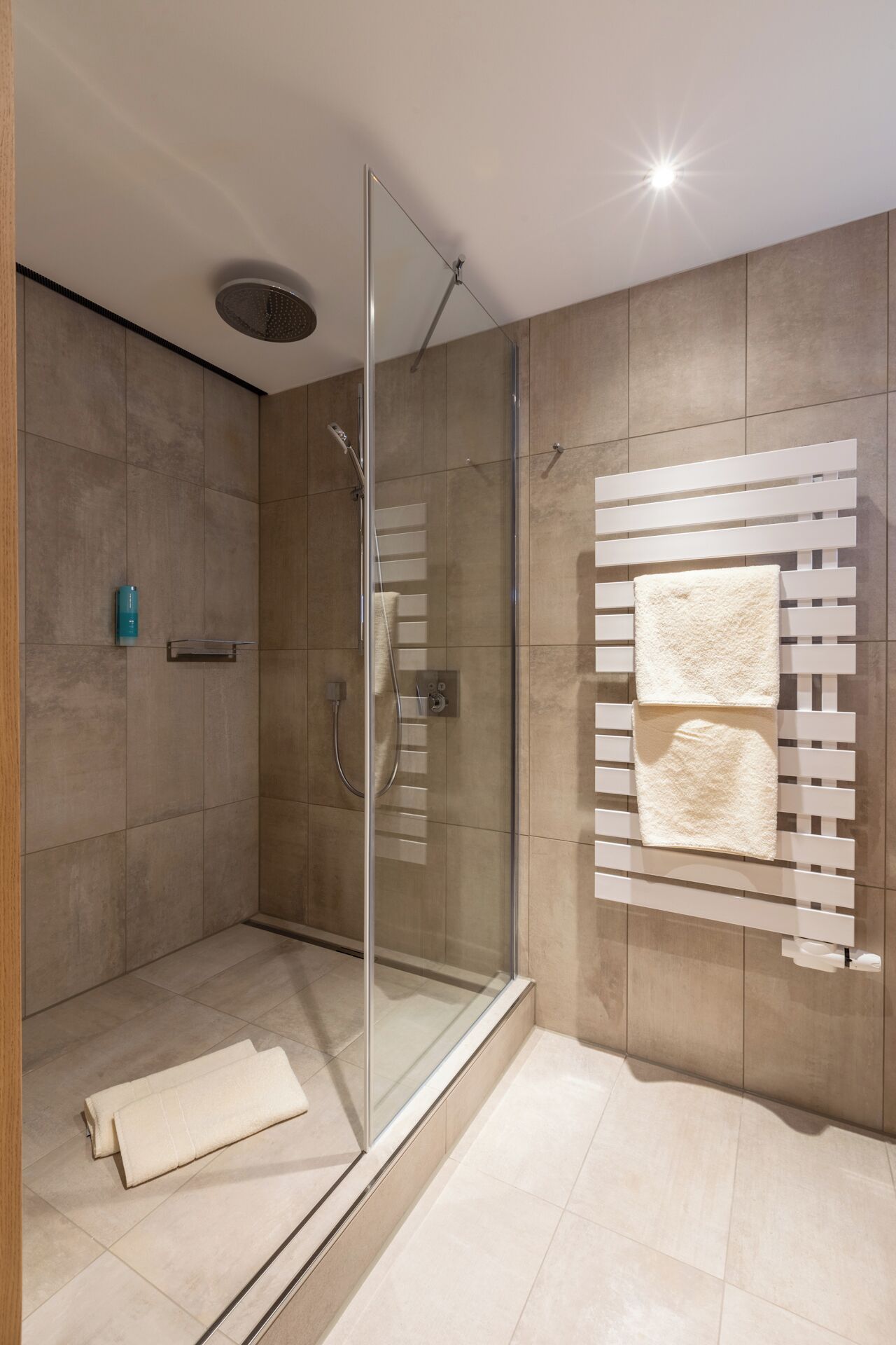 Un área de ducha moderna con puerta de cristal, toallero y ducha.