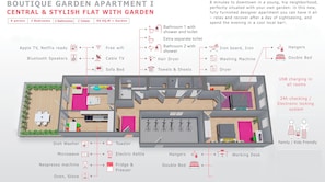 Apartamento de 6 pessoas, 2 quartos e 2 banheiros, com jardim, equipado com Apple TV, Netflix, wifi gratuito e decoração de designer.