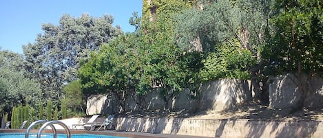 Piscine extérieure, parasols de plage, chaises longues