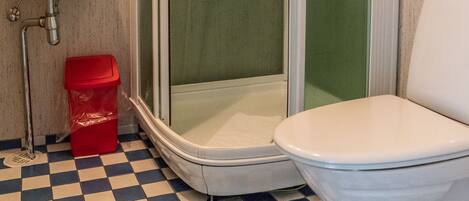 A bathroom with a checkered floor, a sink, a toilet, and a glass-enclosed shower.