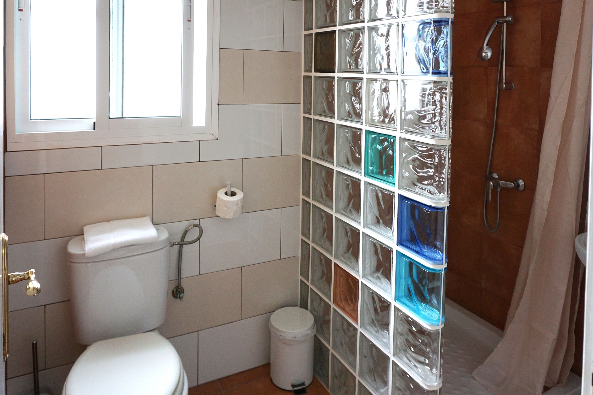 Een badkamer met toilet, douche en een wand van glazen blokken.