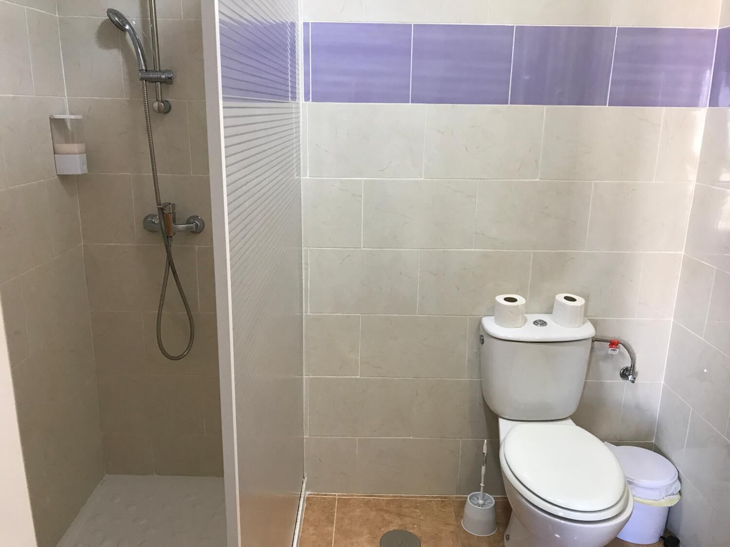 A bathroom with a shower, toilet, and a bidet.