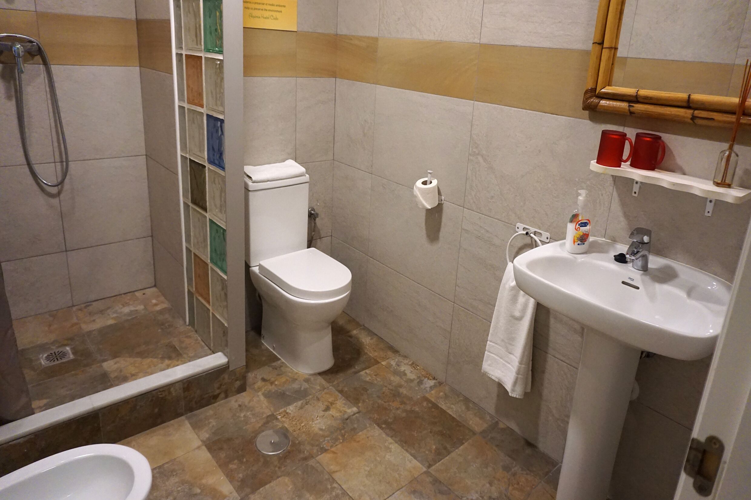 Een badkamer met een douche, toilet, wastafel en een plank met rode bekers.