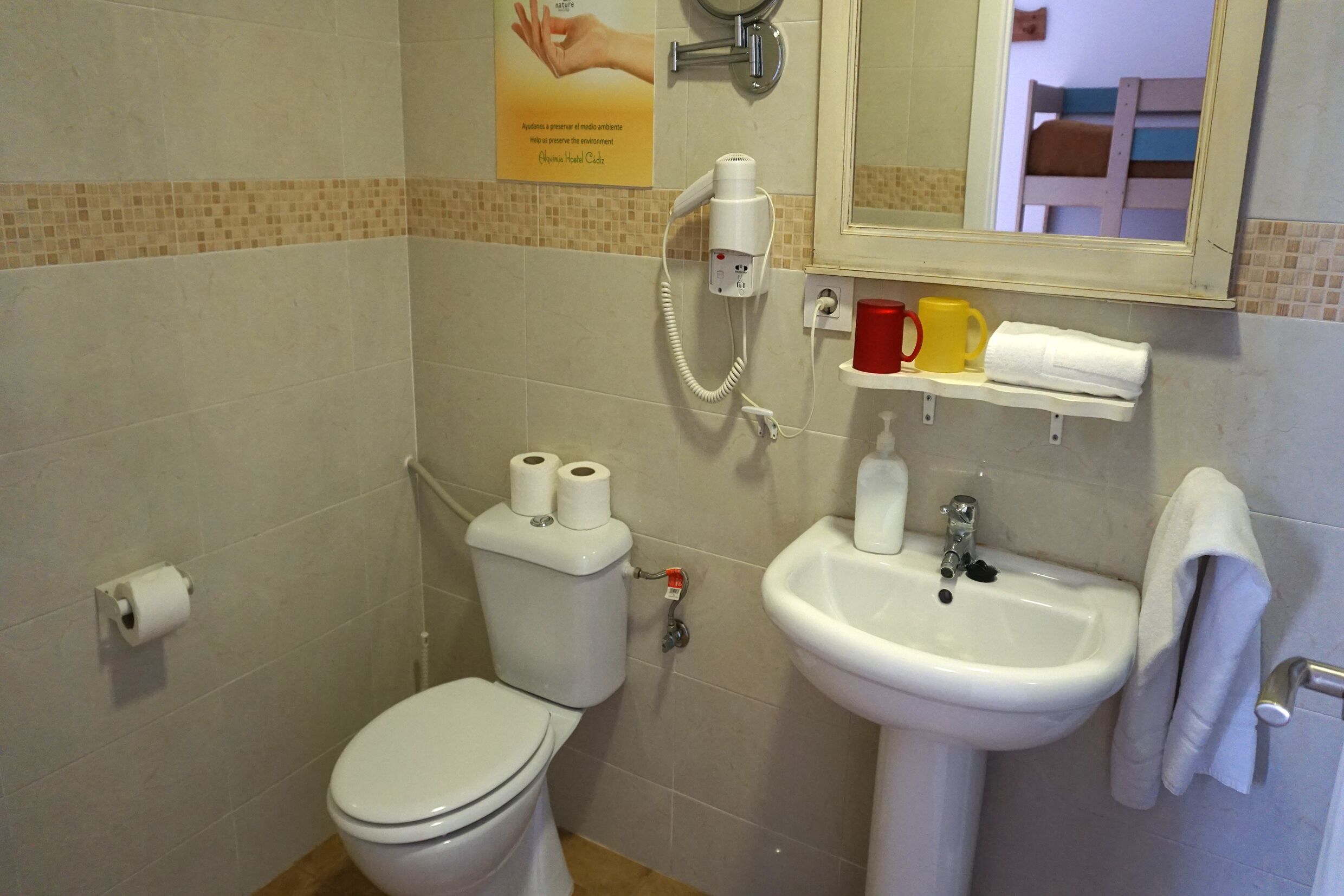 A bathroom with a toilet, sink, and a mirror.
