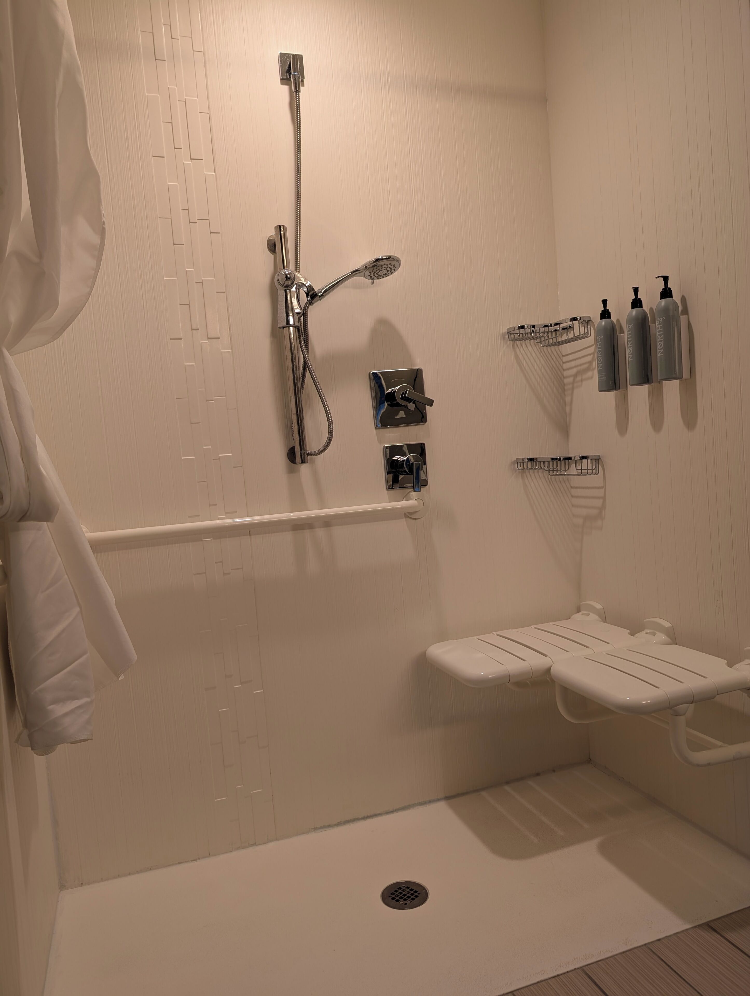 A bathroom with a shower, toilet, and handrails.