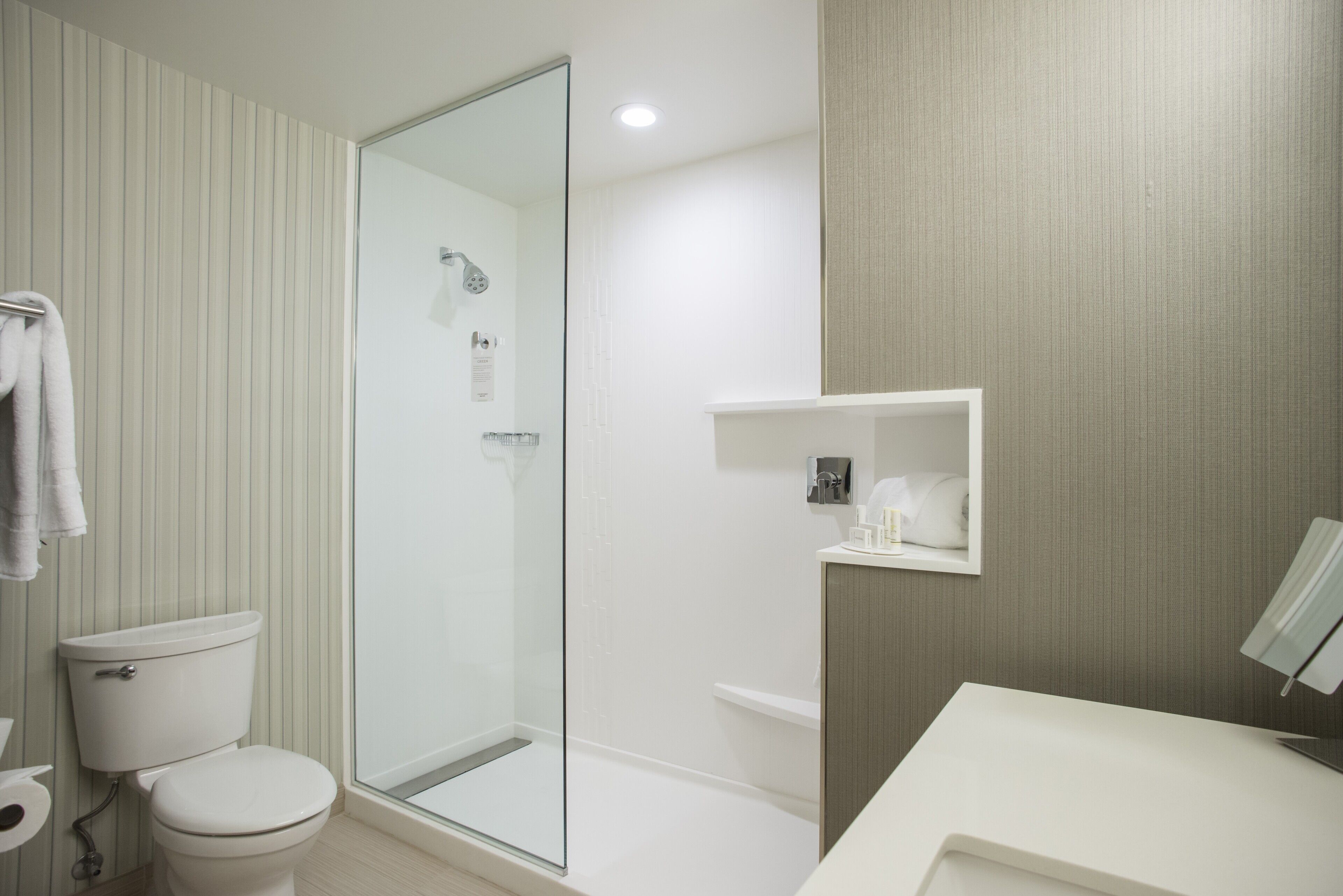A modern bathroom with a glass shower enclosure, a toilet, and a vanity with a mirror.