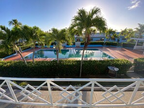 A pool area with palm trees, a wooden deck, and a white railing.