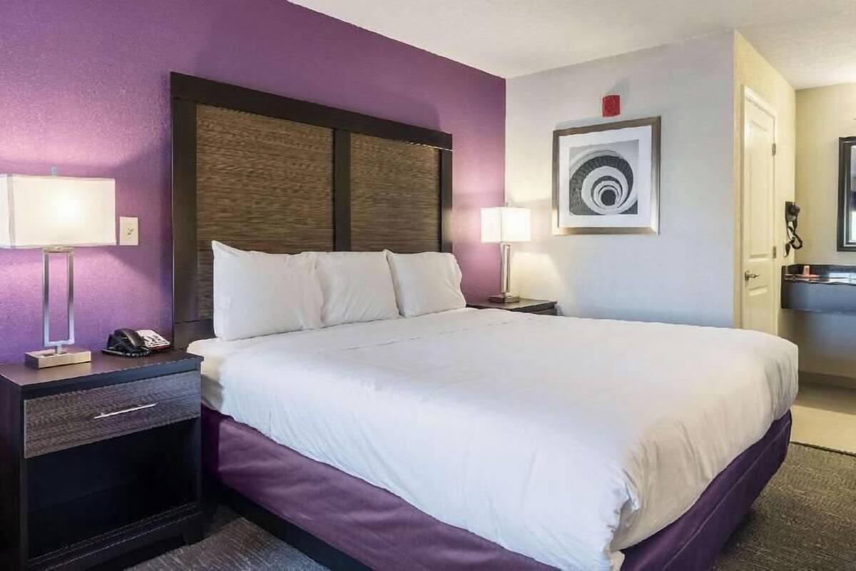 A hotel room with a large bed, two bedside tables with lamps, a nightstand, a framed artwork on the wall, and a door with a mirror.