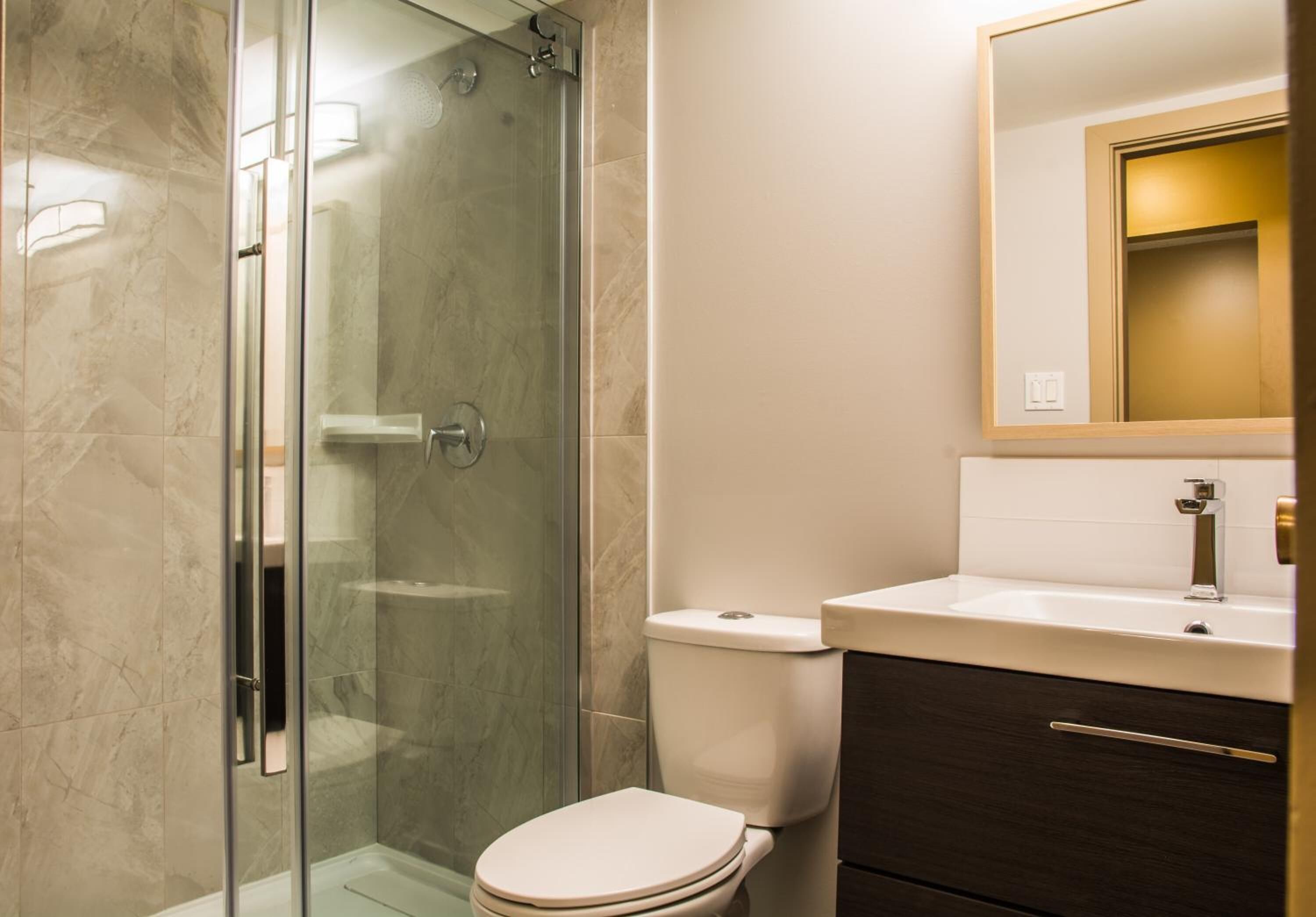 A modern bathroom with a glass-enclosed shower, a white toilet, and a dark wooden cabinet with a sink.