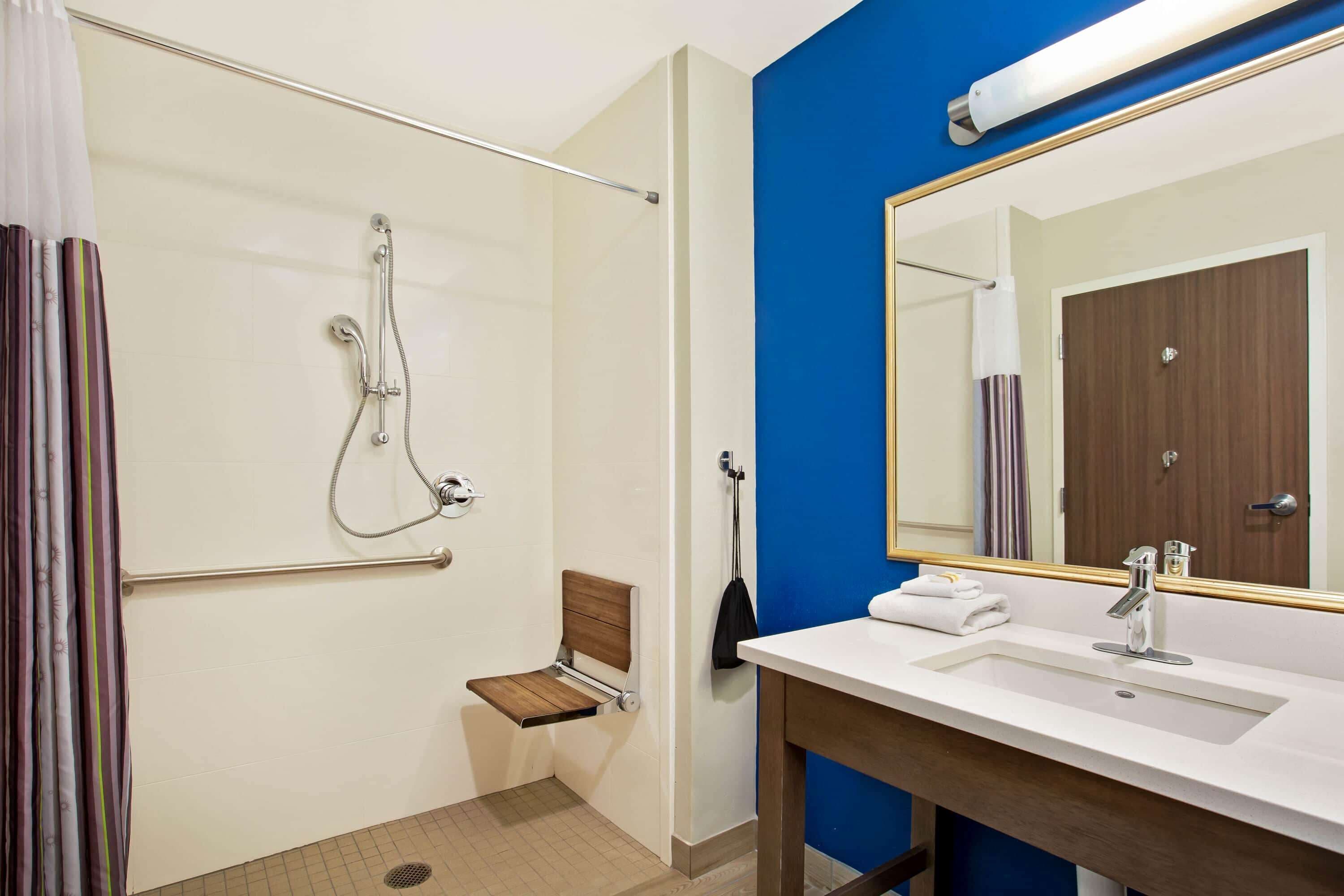 combined shower/bathtub, free toiletries, hair dryer, towels