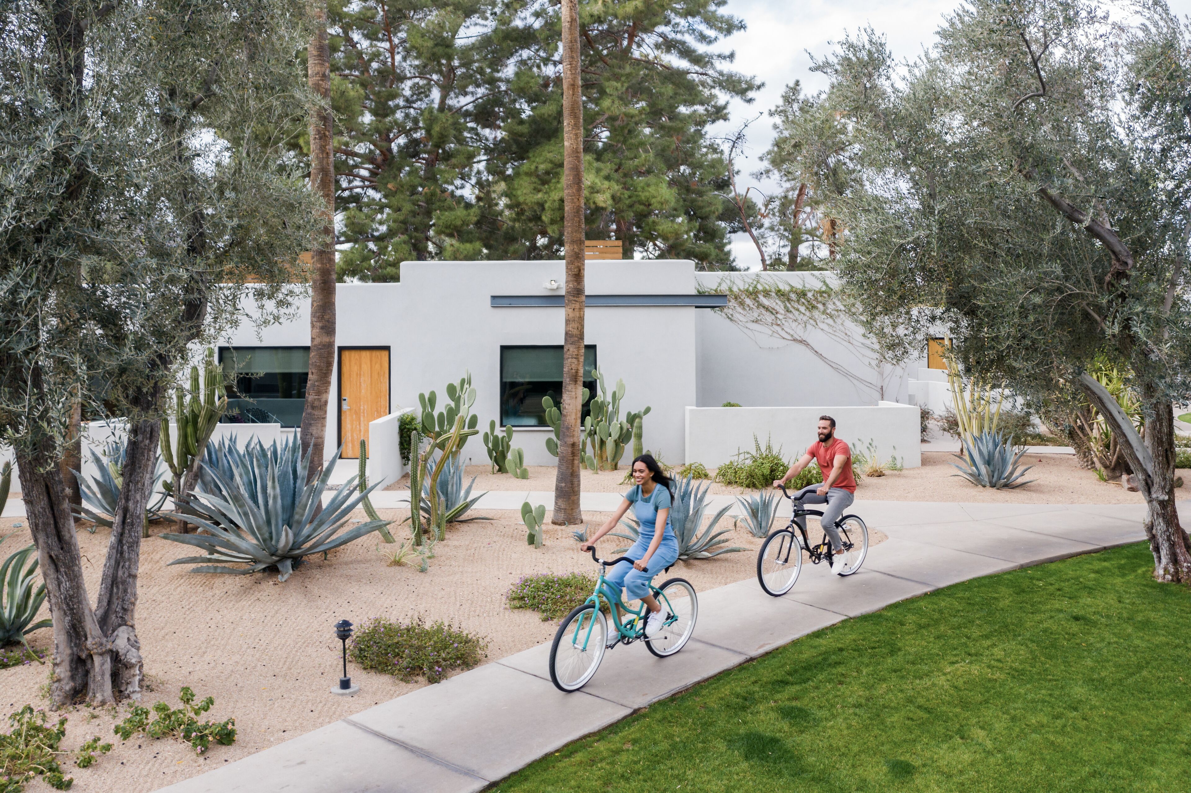 A modern building with a minimalist design, surrounded by a landscaped garden with cacti and trees.
