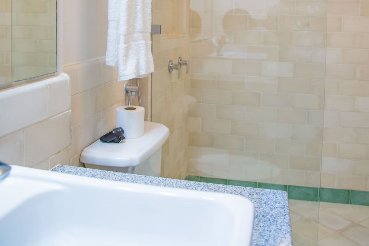 shower, free toiletries, towels