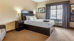 A hotel room with a large bed, a nightstand, a lamp, a framed picture, and a window with curtains.