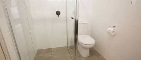 Une salle de bain moderne avec une douche à parois de verre, des toilettes blanches et un porte-rouleau de papier toilette fixé au mur.