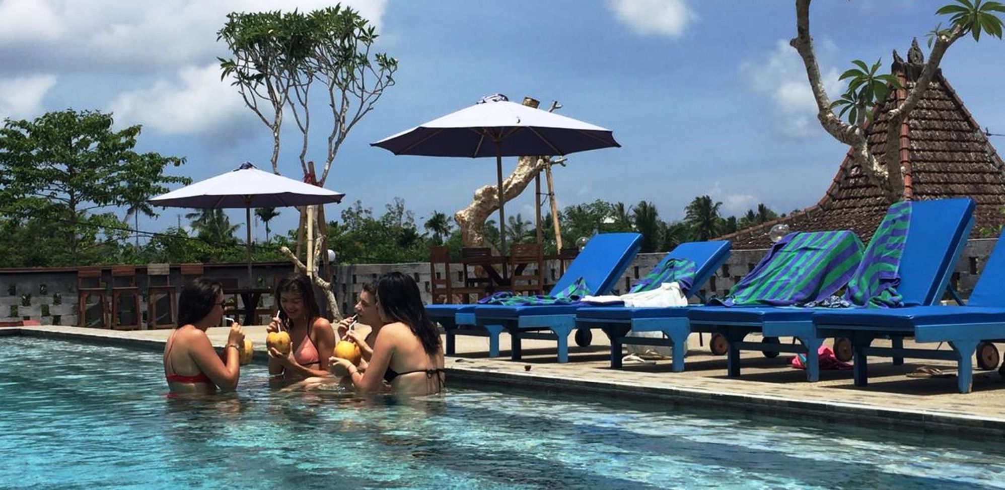 Zona de piscina con sillones de descanso y sombrillas, rodeada de árboles tropicales y un muro de piedra.