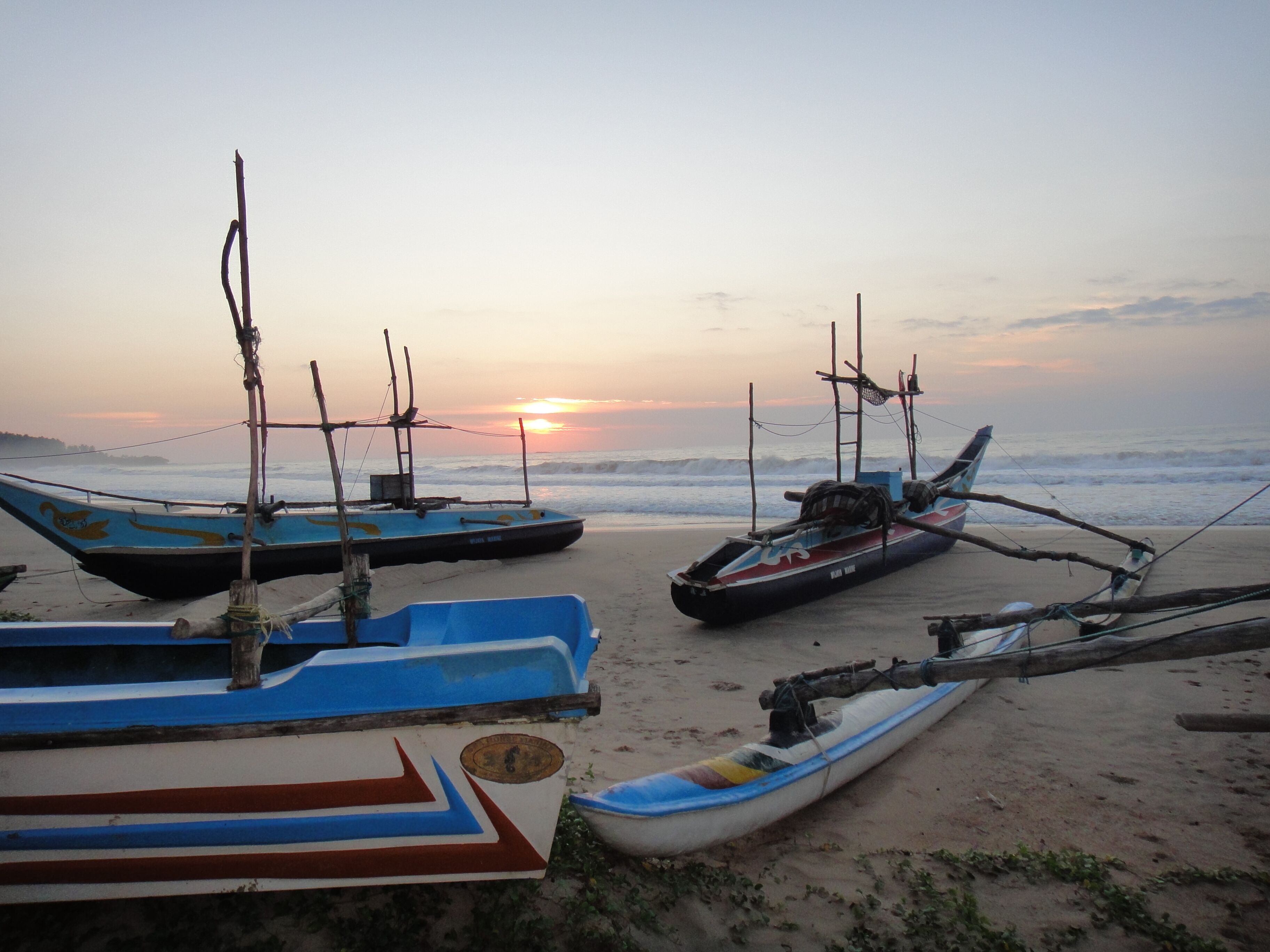 Una playa con varias embarcaciones amarradas a estacas de madera.