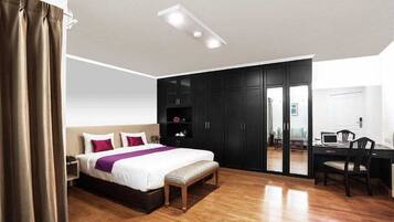 Peralatan tempat tidur premium, meja, Wi-fi percuma, cadar katil