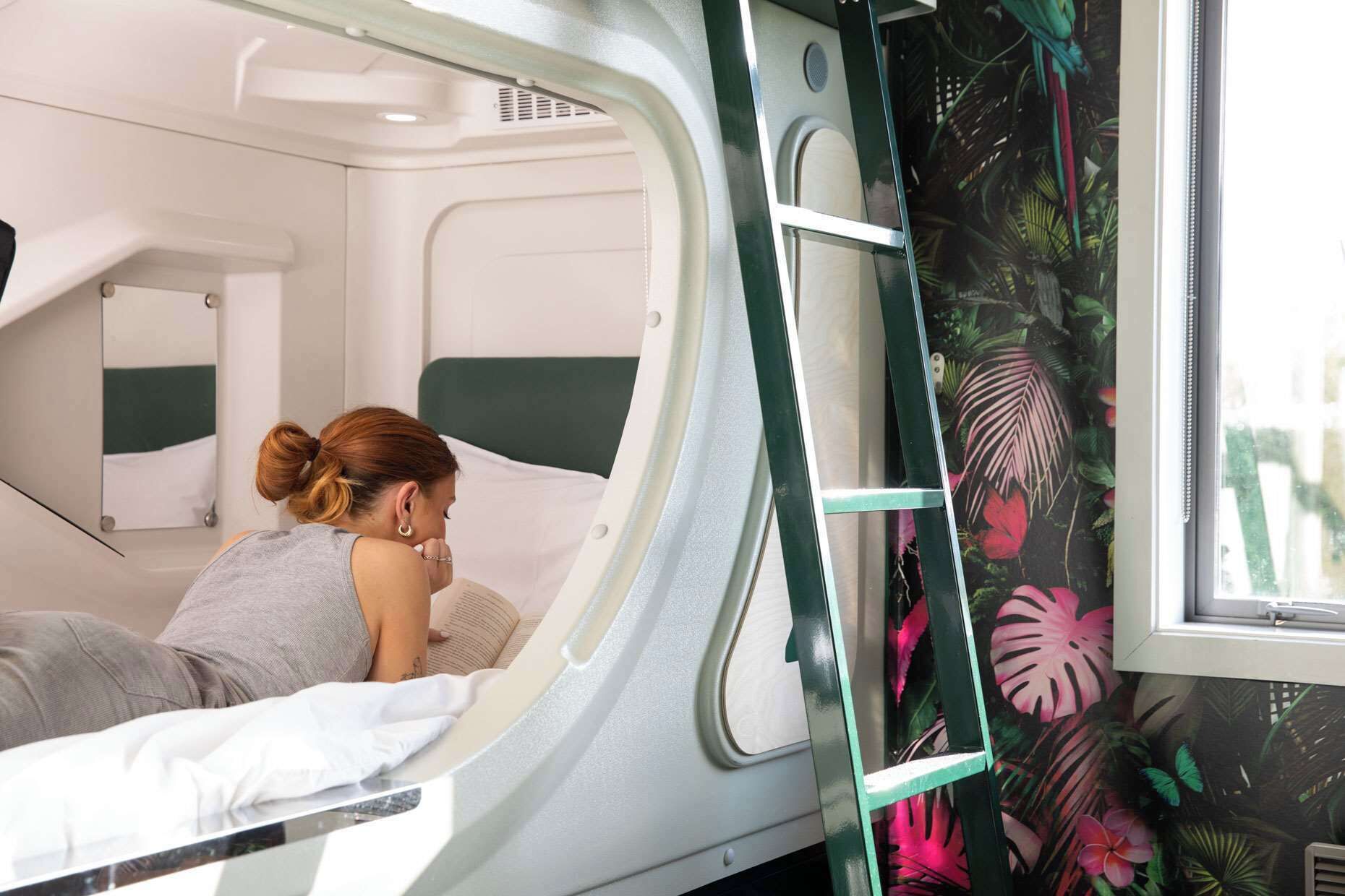 Une chambre compacte et moderne, dotée d’un lit superposé et d’une fenêtre ornée d’une fresque aux motifs tropicaux.