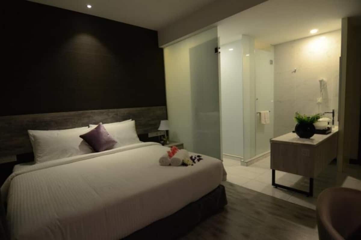 Una habitación de hotel moderna con una cama grande, una mesita de noche, un escritorio pequeño con una planta y un área de ducha.