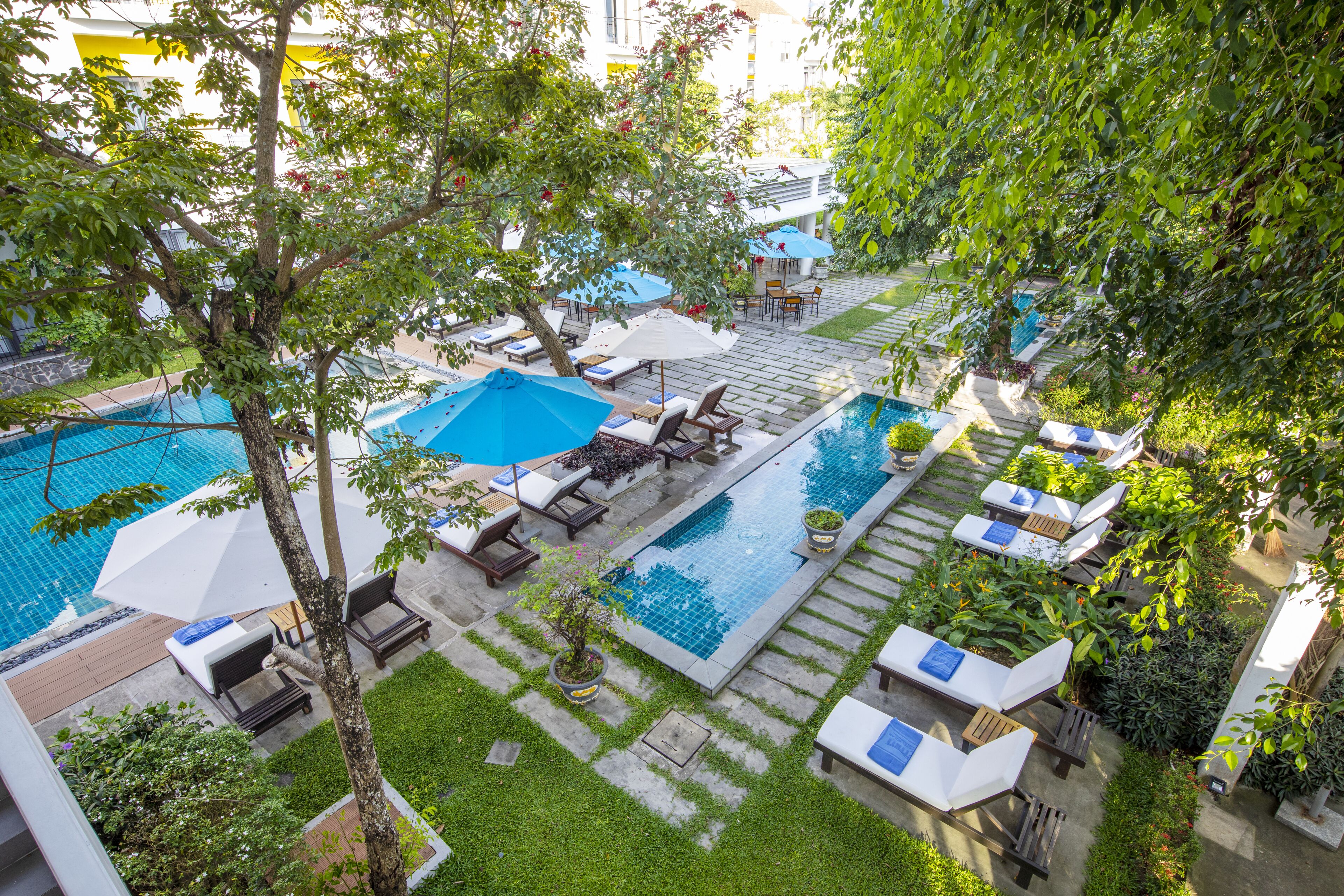 A rooftop pool area with multiple lounge chairs and umbrellas, surrounded by greenery and a clear blue pool.